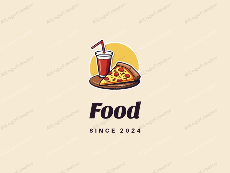 a modern design featuring a vibrant pizza slice and a refreshing beverage, combined with a clean background and a playful arrangement of food elements.