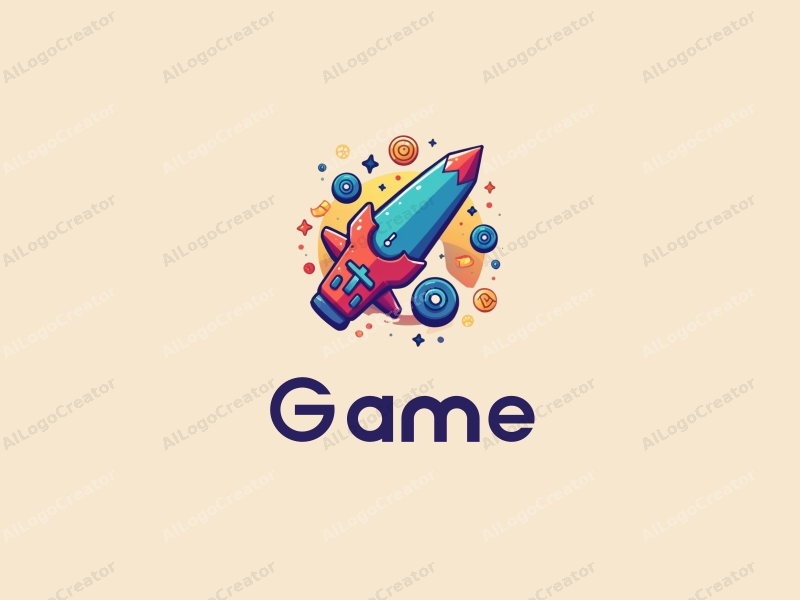 playful design features vibrant colors, stylized gaming elements like toys and coins, combined with a blockchain motif, set against a clean and simple background.