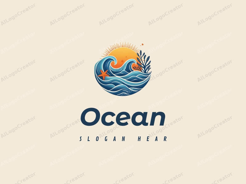 modern design features stylized waves, marine life elements like starfish and coral, combined with a clean background and a harmonious composition.