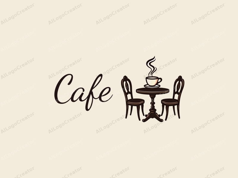 vintage design features a stylized coffee cup, antique table, and chairs, combined with a clean background.