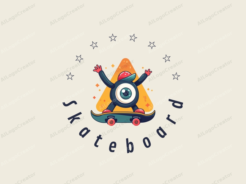 playful design features a vibrant skateboard, a stylized eye, and a triangle shape combined with a clean background.