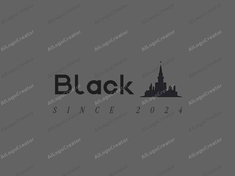 minimalist design features a stylized church silhouette integrated with a city skyline, all in black against a clean, dark background, evoking a sense of elegance and tranquility.