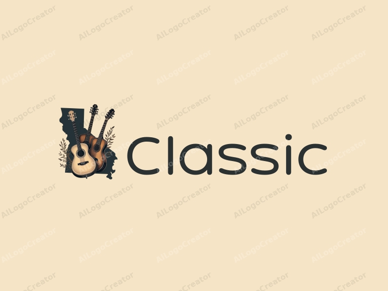 vintage design features classic musical instruments intertwined with a state outline, incorporating traditional motifs and a harmonious blend of dark and neutral colors against a clean background.