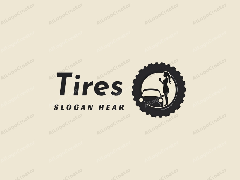 a modern design featuring a stylized tire and car tire, combined with a silhouette of a girl holding a cup, using a clean and simple composition.