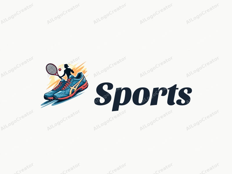 vibrant design features dynamic athletic shoes and a stylized racket, combined with an energetic athlete silhouette, all set against a clean background.