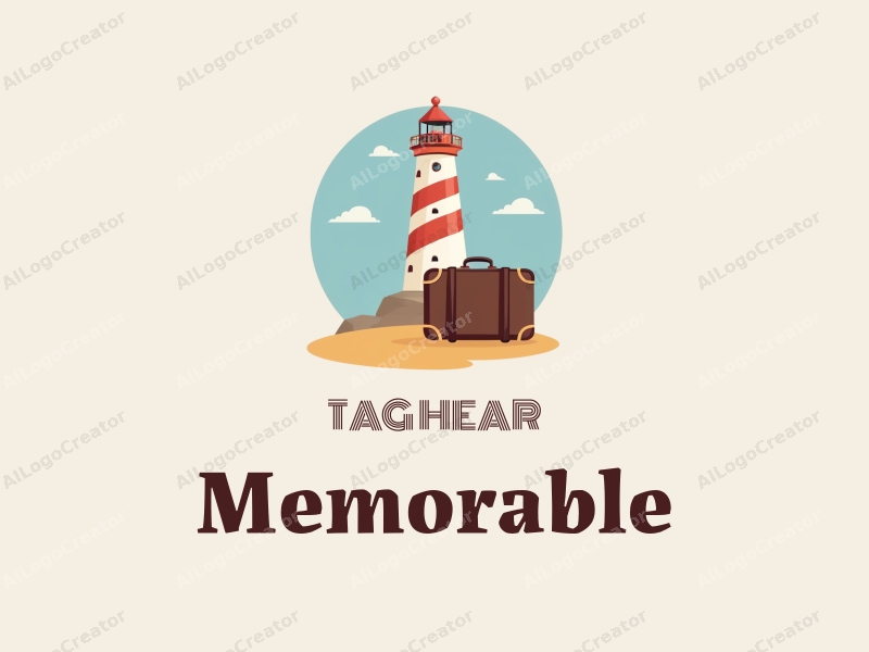 playful design features a stylized lighthouse and a travel suitcase, combined with a clean background and a whimsical approach.