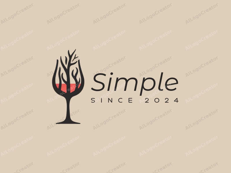 minimalist design features a stylized wine glass intertwined with tree silhouettes, combined with a clean background.