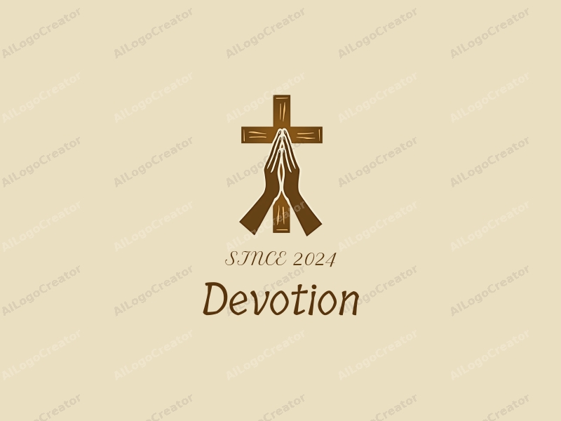 vintage design features a stylized cross and hands in a prayer position, combined with a gold color palette and a clean background.