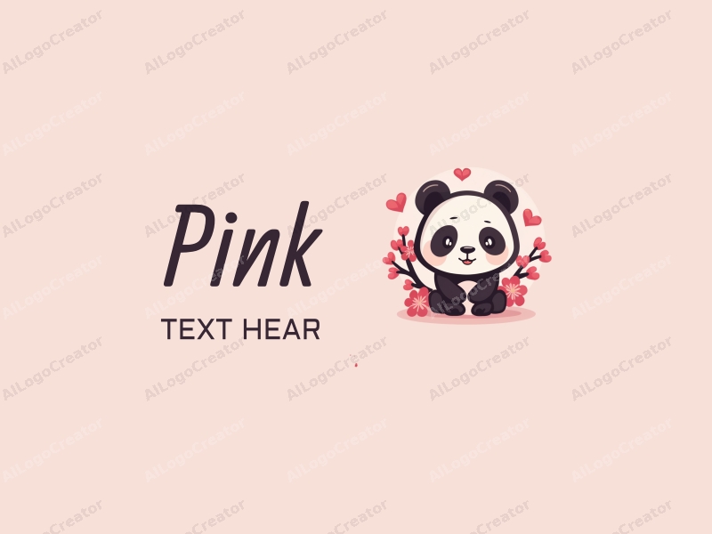 minimalist design features a stylized panda surrounded by delicate cherry blossom petals, with a soft pink color palette and a clean, simple background.