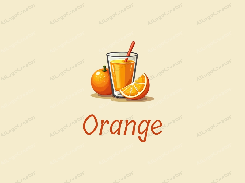 playful design features a vibrant orange, a stylized juice cup, and fresh orange slices, combined with a clean background.