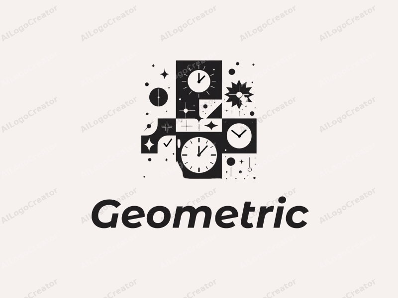 geometric design features a harmonious combination of squares and circles, incorporating a stylized clock and mathematical formulas, all presented in a clean black and white aesthetic.