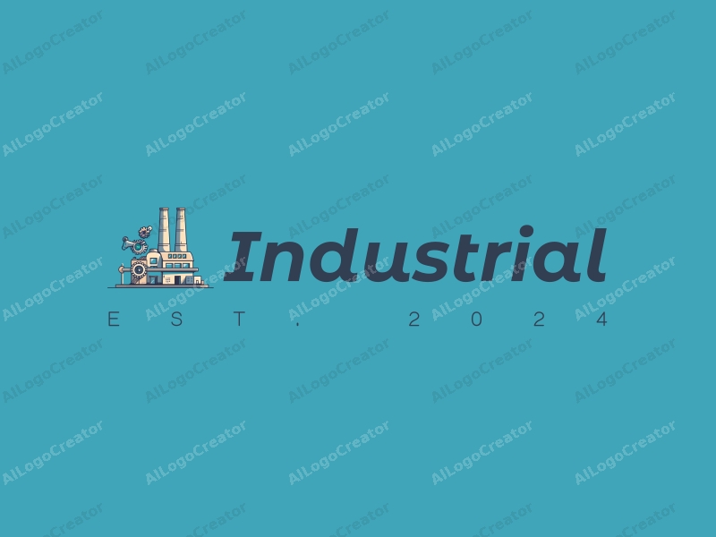 modern design features a stylized factory silhouette, interlocking gears, and a conveyor belt, combined with a clean background.