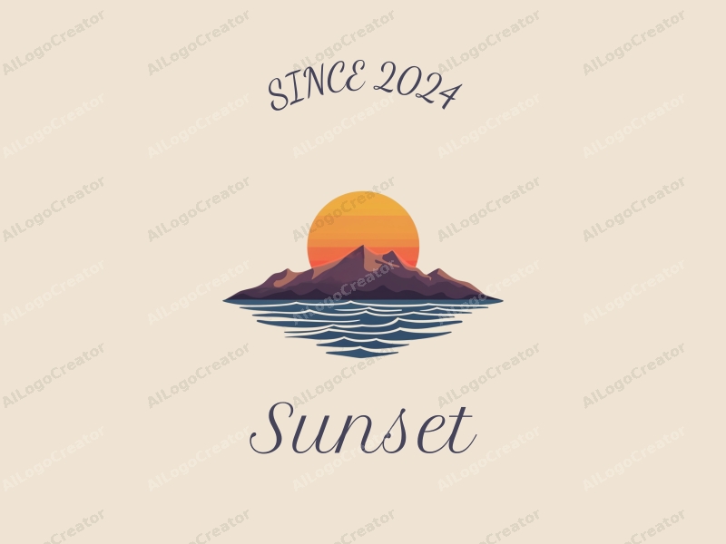 vintage design features a stylized sunset over mountains, with gentle waves in the foreground, using a harmonious blend of orange and purple colors against a clean background.