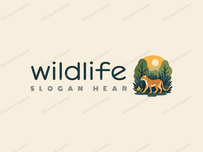 playful design features a stylized leopard amidst a vibrant forest, incorporating elements of wildlife and nature, with a clean background and a focus on ecological themes.