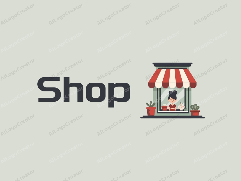 a modern design featuring a stylized shop front, a girl with a high bun, combined with a clean background and a harmonious layout.