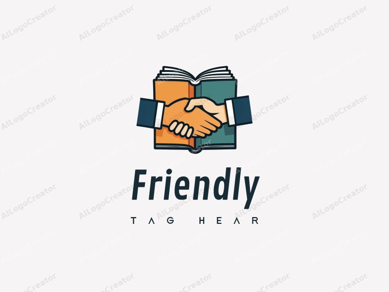 playful design features a stylized book and a handshake, combined with a clean background, emphasizing friendship and community in an educational and social context.