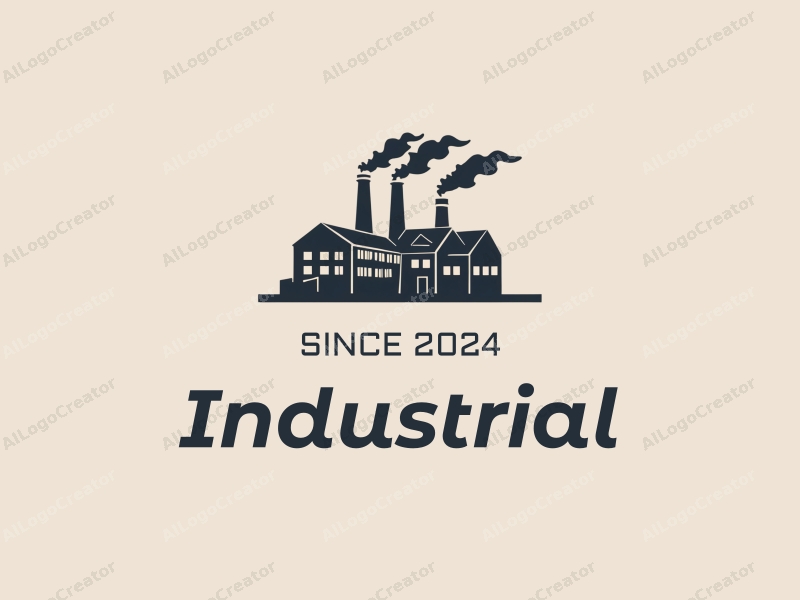 modern design features a stylized factory silhouette with gears and chimneys, utilizing a clean and simple composition with a focus on industrial elements.