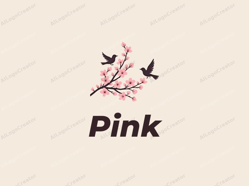 minimalist design features delicate cherry blossoms, soft pink petals, and stylized birds, combined with a clean background.