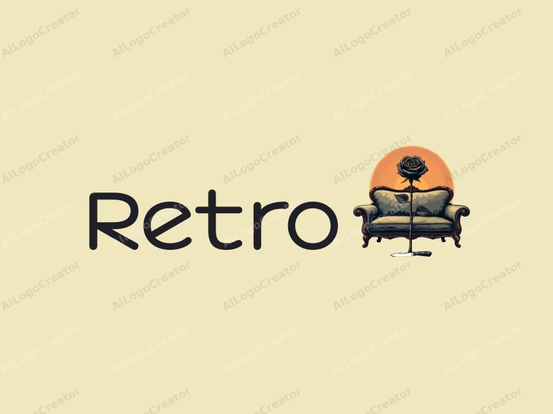 vintage design features a retro sofa and a retro poster, combined with a black rose and knife, set against a clean background.