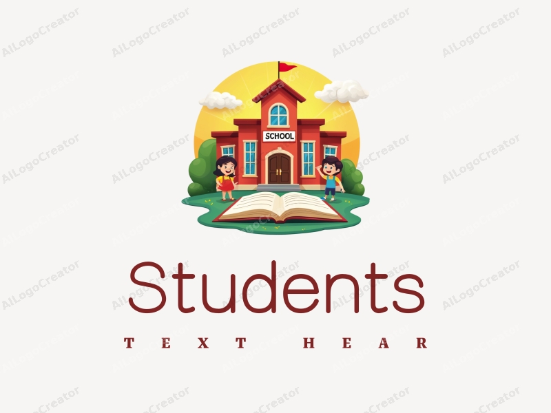 playful design features cheerful students, a stylized school building, open books, and a classroom setting combined with a vibrant and colorful background.