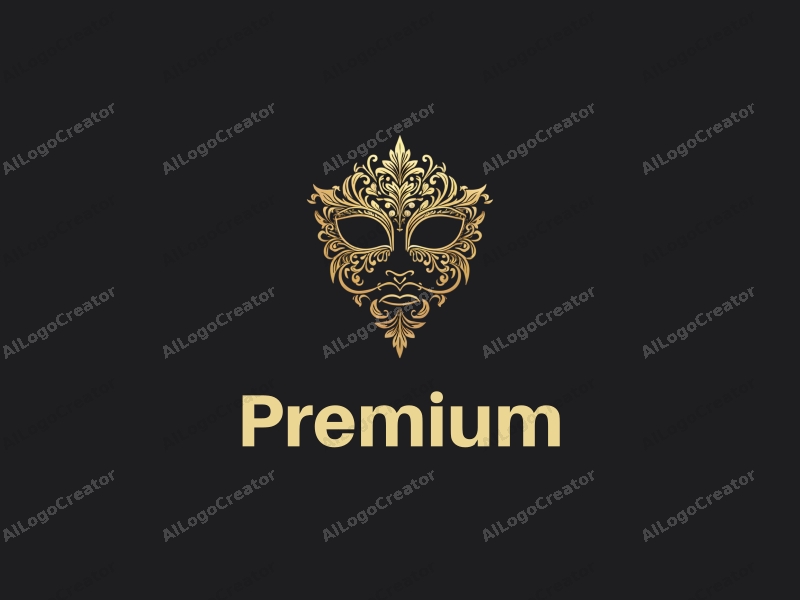 a modern design featuring elegant floral patterns intertwined with a sophisticated mask, utilizing a gold and black color palette, creating a luxurious and high-end aesthetic with a clean background.