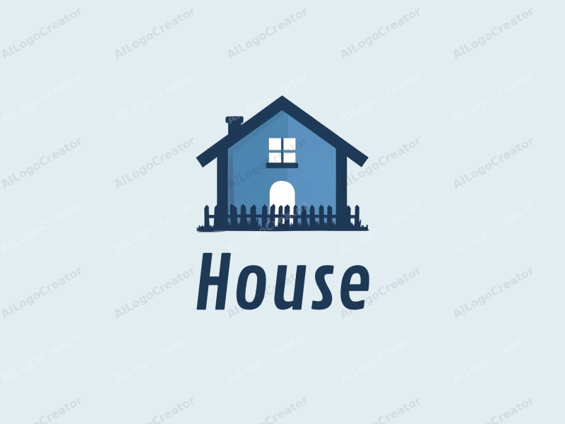 modern design features a stylized house and building silhouette, combined with a fortress and fence elements, using a clean blue color palette against a simple background.