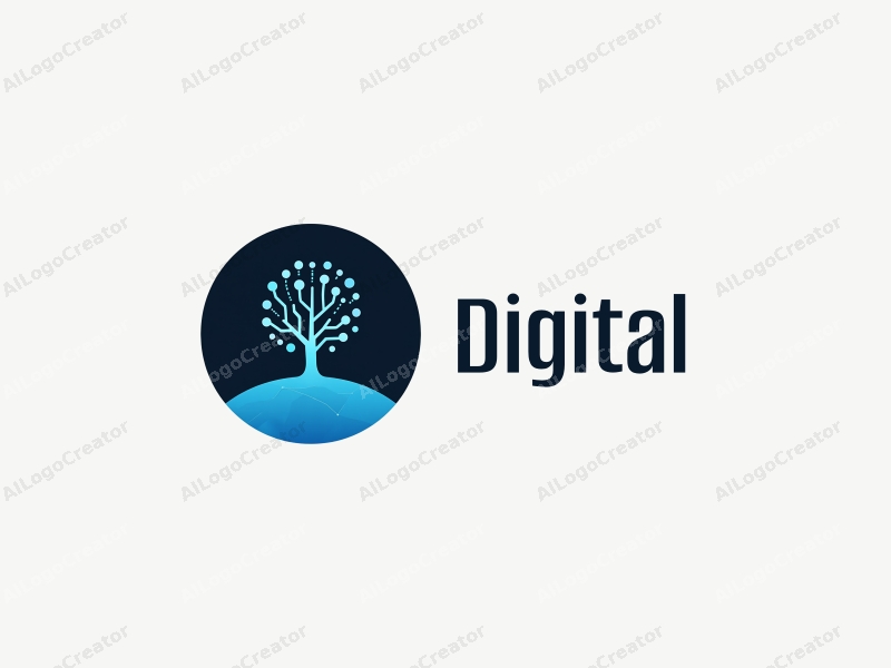 a modern minimalist design featuring digital elements like circuits and binary code, a stylized tree representing growth and connectivity, and a network motif, combined with a clean blue and black background.