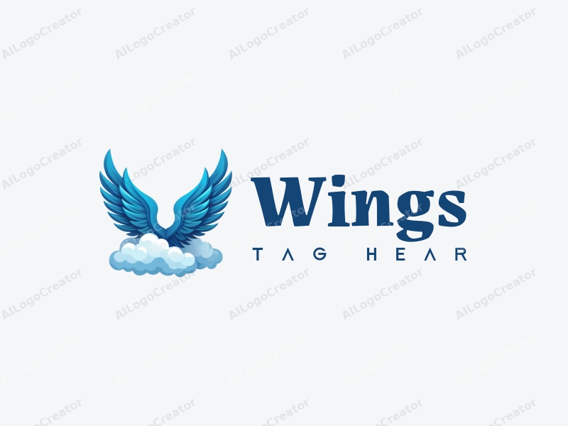 playful design features stylized wings soaring through fluffy clouds, with a vibrant blue color palette, creating a sense of freedom and creativity combined with a clean background.