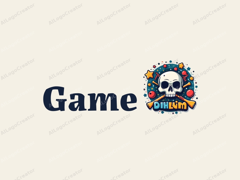 playful design features colorful game and toy elements, stylized stars and skulls, combined with a clean background and a whimsical approach.