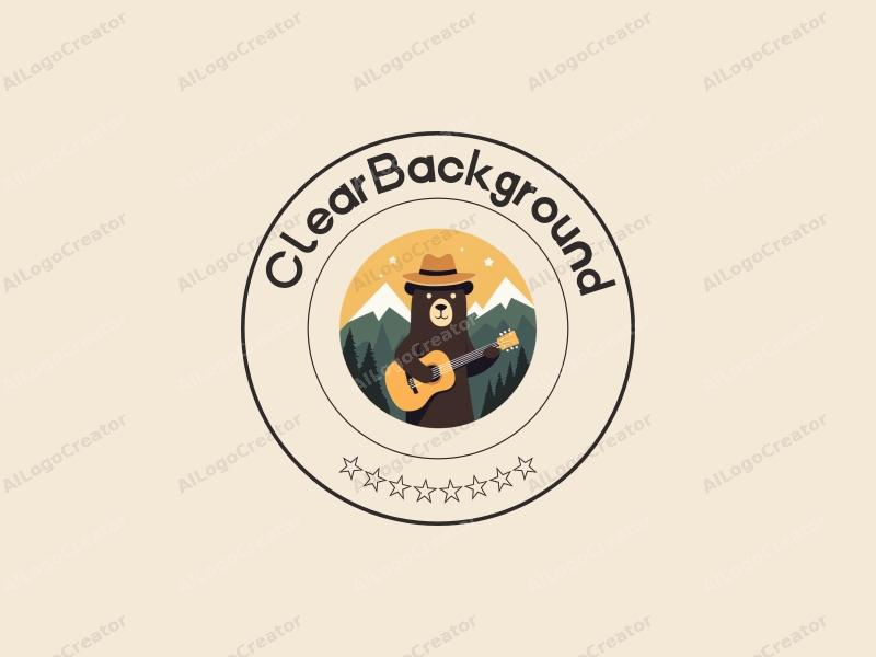 minimalist design features a stylized bear playing a musical instrument, surrounded by abstract mountain shapes and a straw hat, combined with a clean and transparent background.