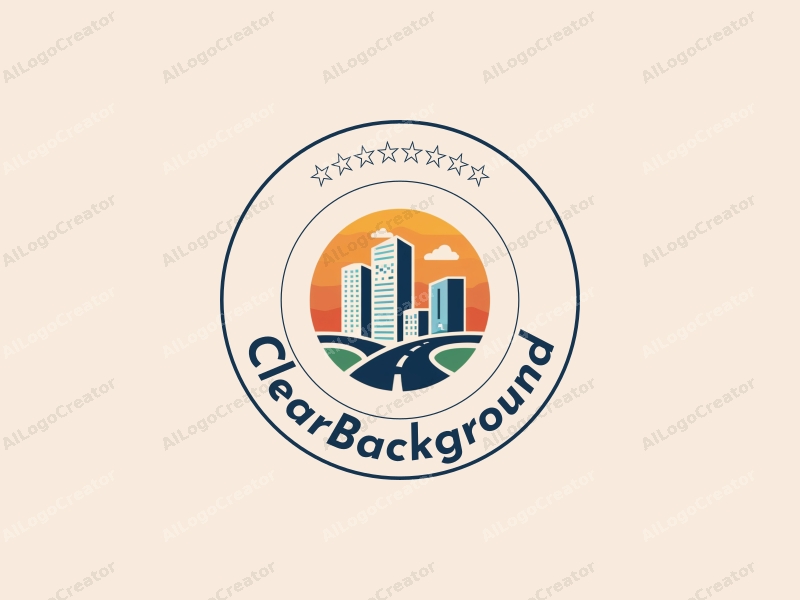 minimalist design features stylized skyscrapers and a road, combined with corporate and office elements, using a modern design approach with a clean background.