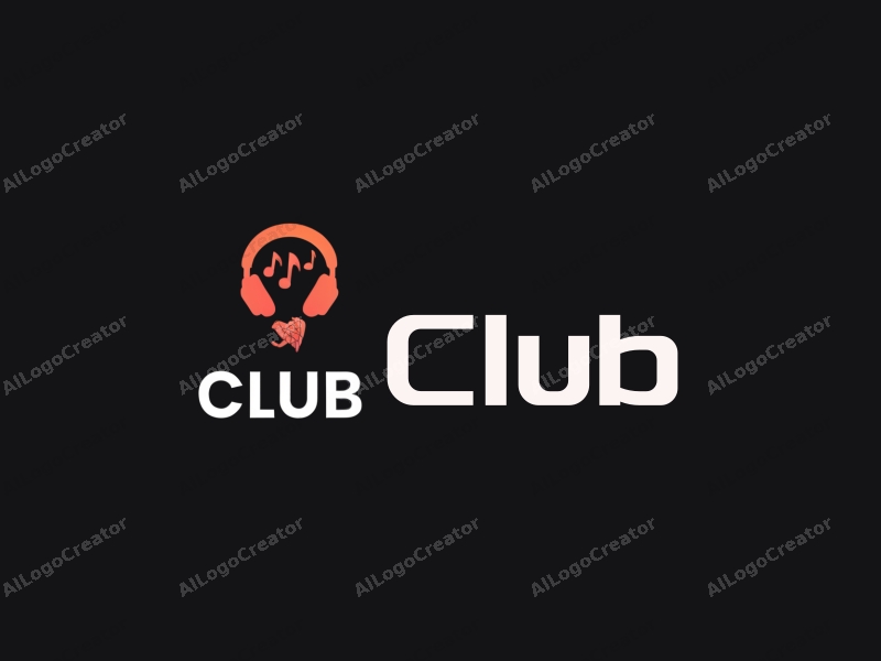 a modern minimalist design featuring a stylized club icon, social interaction symbols, and musical notes, combined with a clean black background.