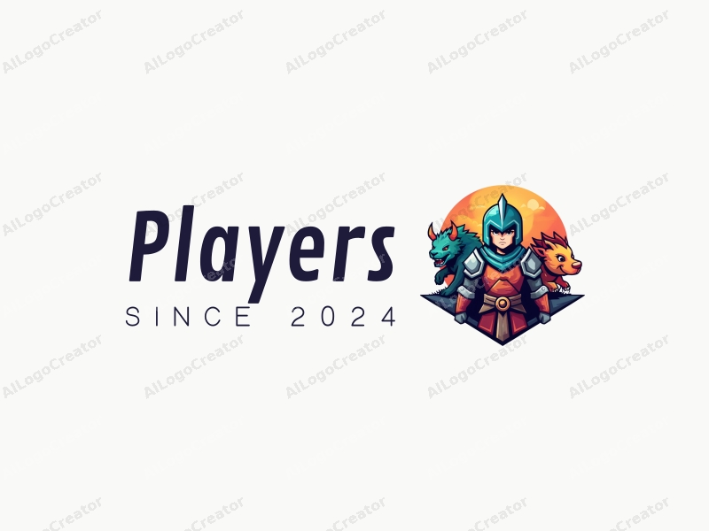 playful design features a vibrant color palette, a stylized player character, a whimsical warrior, and a mythical beast, combined with a clean and simple background.