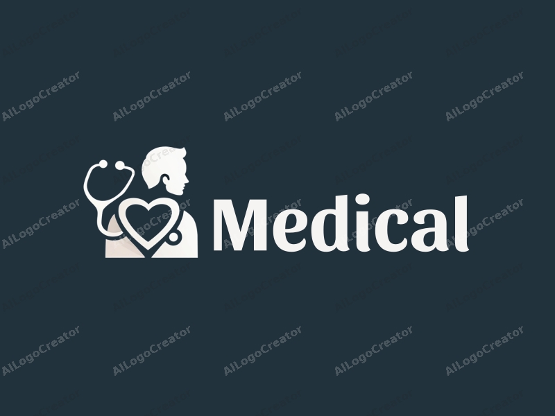 modern design features a stylized hospital silhouette, a doctor figure, a stethoscope intertwined with a heart shape, combined with a clean background.