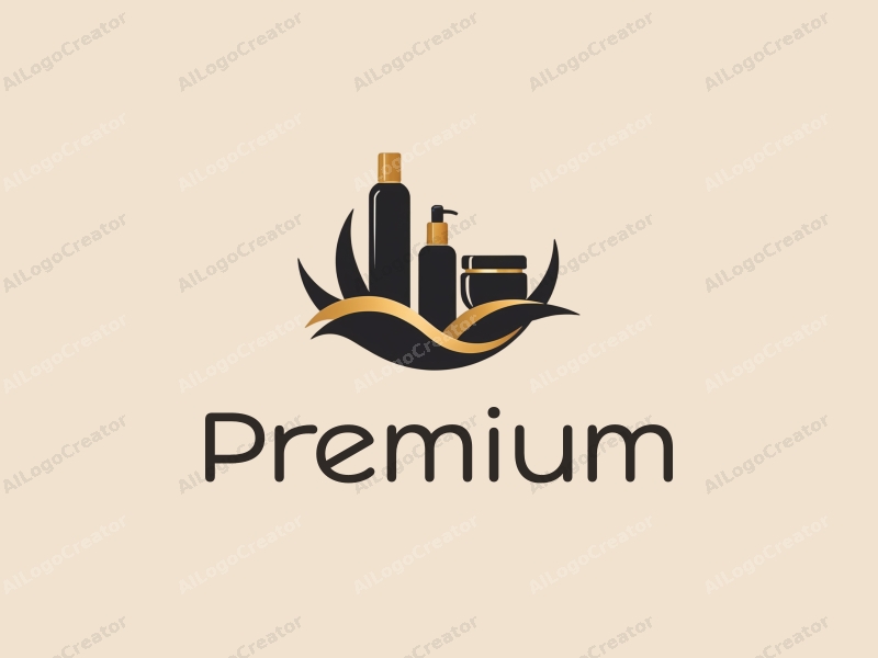 a minimalist design featuring elegant curves, a stylized representation of luxury food and beauty products, combined with a sophisticated gold and black color palette, set against a clean background.