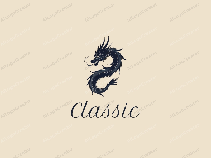 vintage design features a stylized dragon intertwined with ink brush strokes, incorporating dark and neutral colors, set against a clean background.