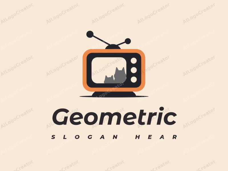 geometric design features a combination of squares and circles, a stylized television, and a black cat silhouette, all integrated with a clean and minimalistic background.