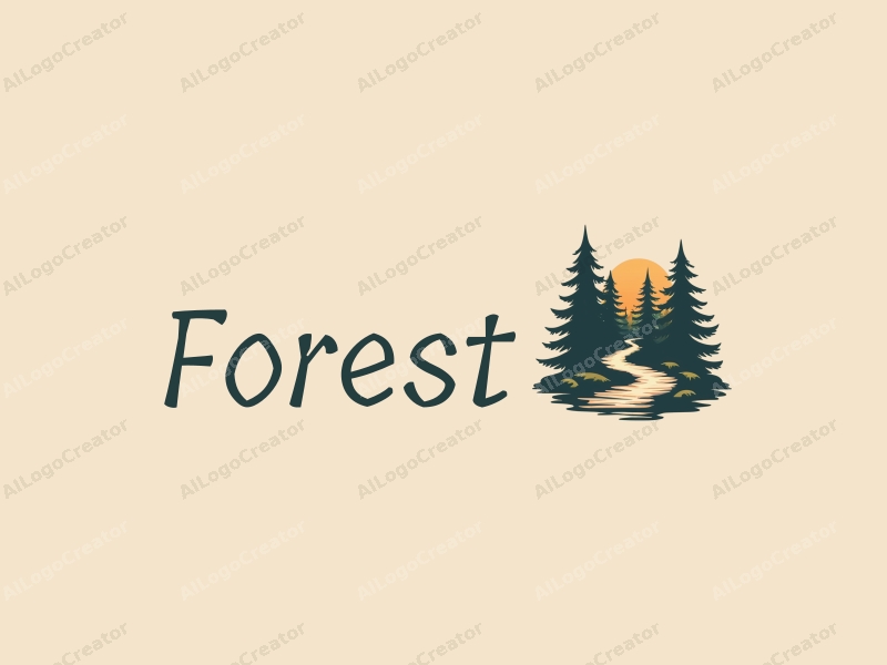 vintage design features a serene forest scene with tall pine trees and a winding pathway, combined with a clean background.