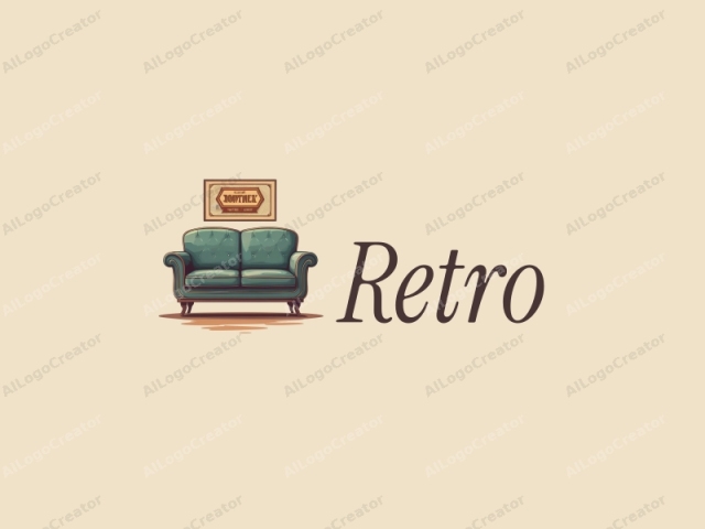 vintage design features a retro sofa and a retro poster, combined with a mesh pattern and text label, set against a clean background.