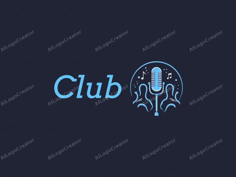 a modern minimalist design featuring a stylized club scene with social elements, incorporating musical notes and a microphone, combined with a clean black and blue color scheme.