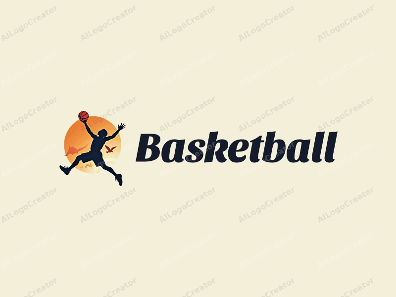 playful design features a dynamic basketball silhouette, an athlete in mid-dunk, and a soaring bird, combined with a clean background.