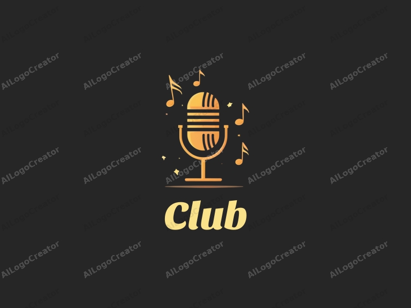 minimalist design features a stylized microphone and musical notes, combined with club and social elements, using a modern approach with a clean black and gold background.