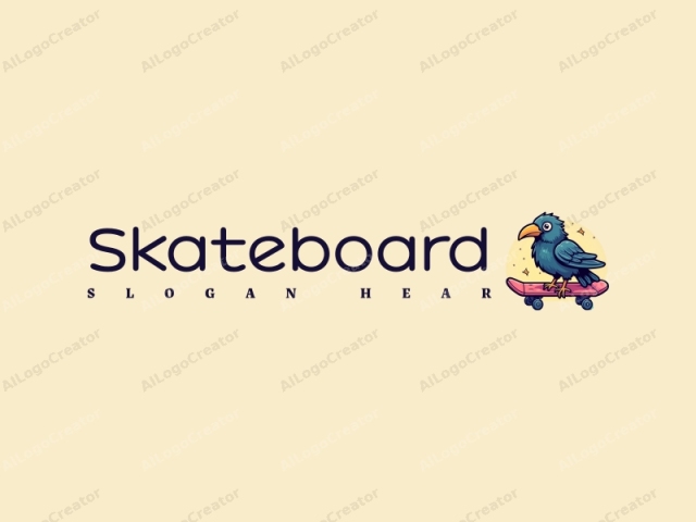 Spaßiges Design mit einem lebhaften Skateboard und einer stilisierten Krähe, kombiniert mit einem sauberen Hintergrund und einer lustigen, energetischen Komposition.