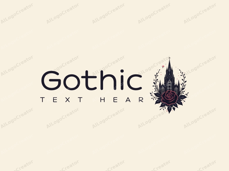 Gothic design features intricate Gothic architecture, a stylized spire church silhouette, and elements of Gothic fashion combined with a black rose, all set against a clean background.