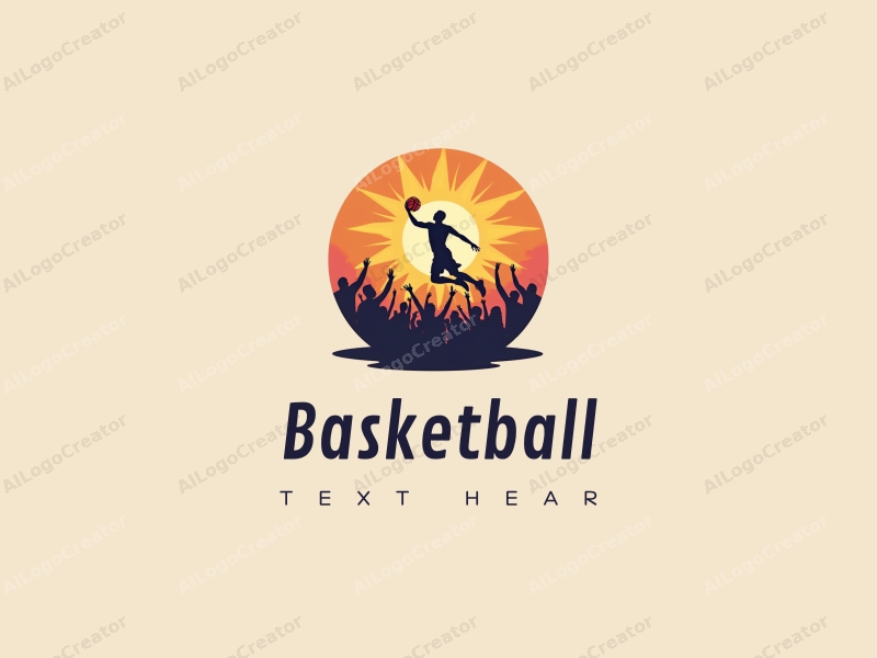 playful design features a dynamic basketball and athlete silhouette, surrounded by radiant sunshine and cheering audience, combined with a clean background.