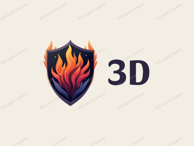 a modern design featuring a 3D shield with dynamic flames, incorporating colorful elements and a clean background.