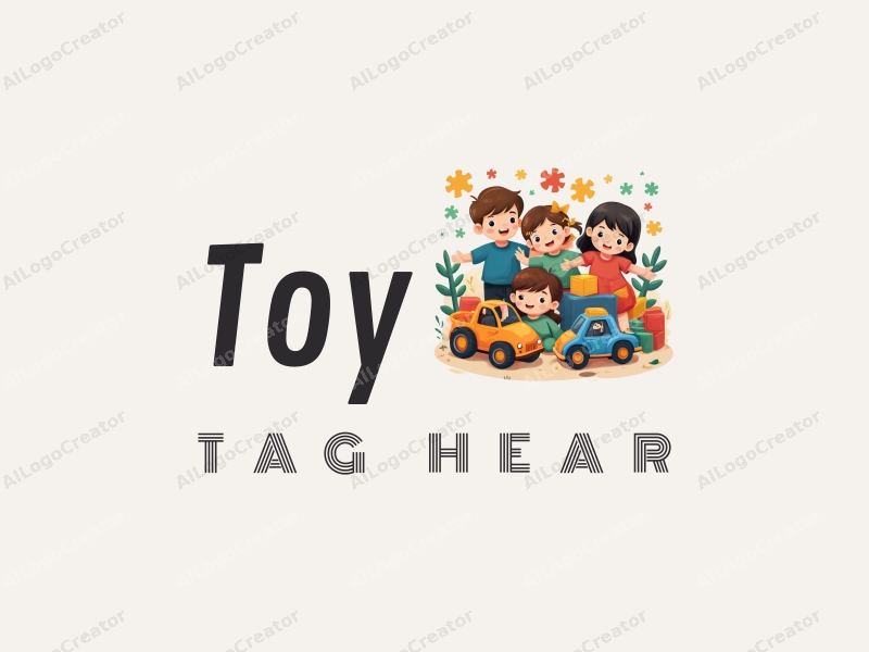 playful design features a vibrant arrangement of dolls, puzzles, toy cars, and building blocks, combined with a clean background and a whimsical approach.