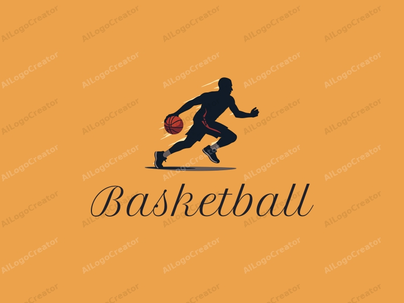 playful design features a dynamic basketball silhouette, an energetic athlete in motion, and a competitive spirit combined with a clean background.