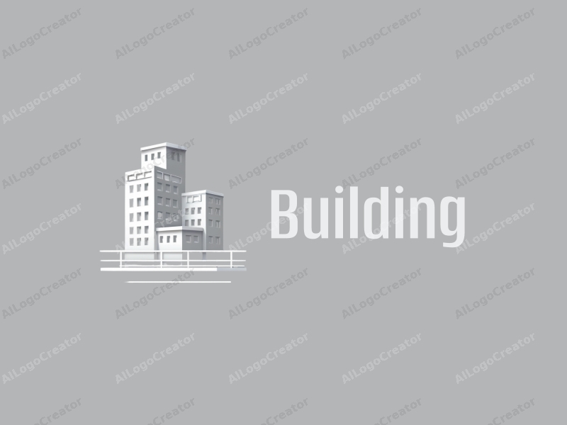 modern design features a stylized building structure with cubes and railings, utilizing a clean and minimalistic approach combined with a gray background.