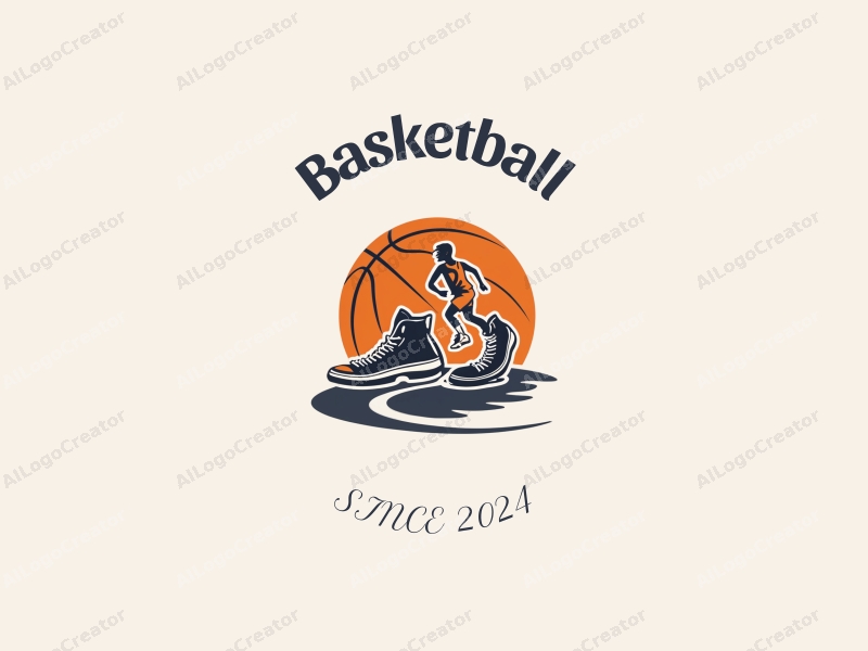 playful design features a stylized basketball, an athlete in motion, and a pair of basketball shoes, combined with a clean background.